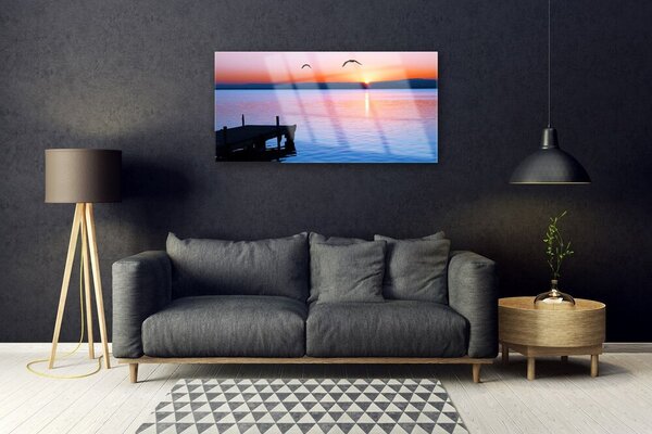 Quadro vetro Mare Molo Sole Paesaggio 100x50 cm 2 appendini