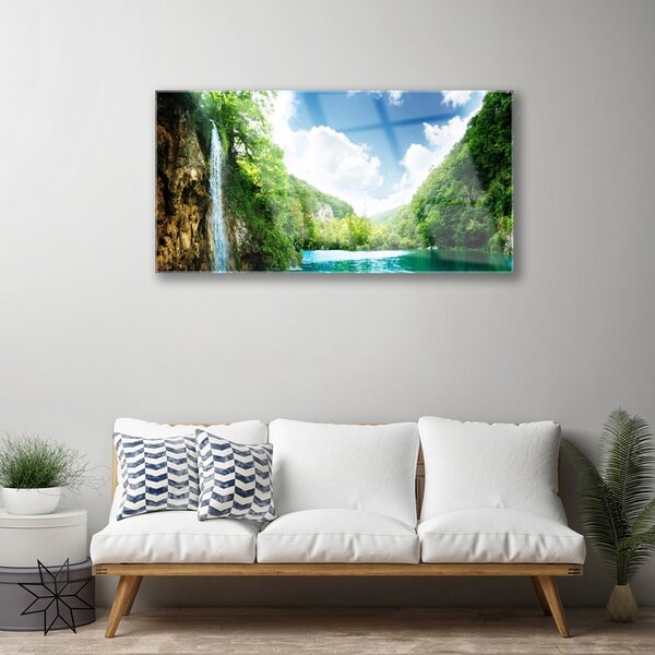 Quadro in vetro Montagna Foresta Lago Natura 100x50 cm 2 appendini