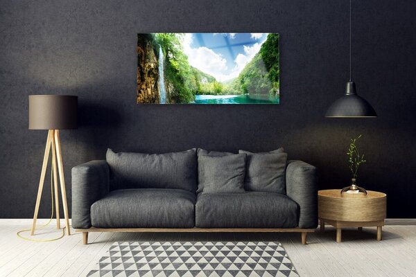 Quadro in vetro Montagna Foresta Lago Natura 100x50 cm 2 appendini