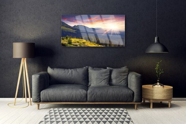 Quadro su vetro Montagna foresta sole paesaggio 100x50 cm 2 appendini