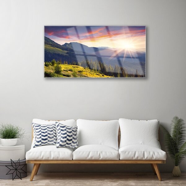 Quadro su vetro Montagna foresta sole paesaggio 100x50 cm 2 appendini