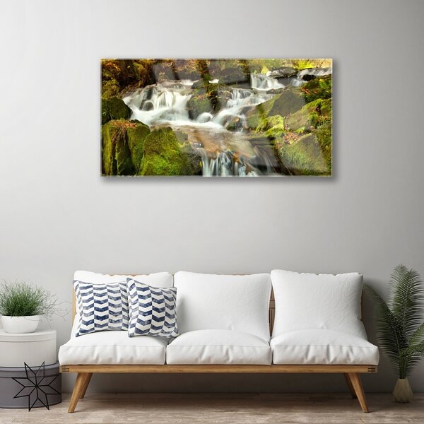 Quadro in vetro Cascata Rocce Natura 100x50 cm 2 appendini