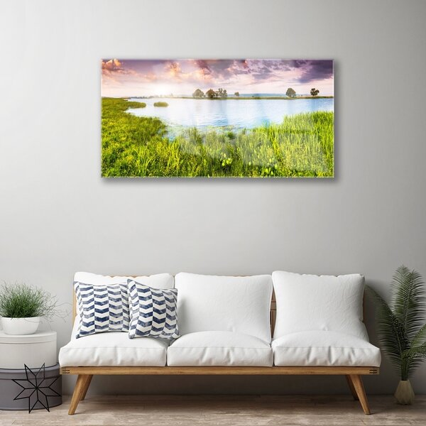 Quadro di vetro Lago d'erba Natura 100x50 cm 2 appendini