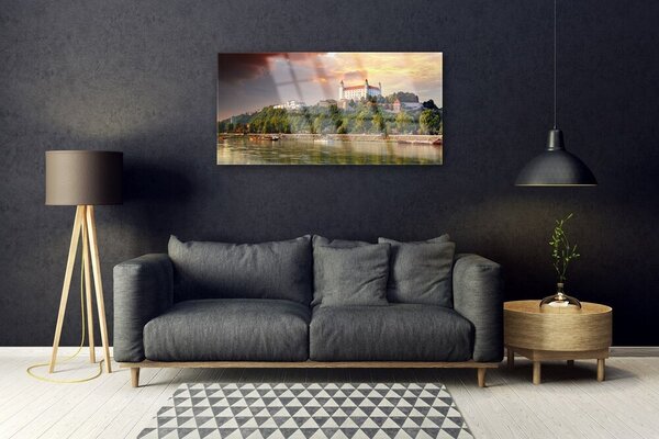 Quadro in vetro Paesaggio del lago della città 100x50 cm 2 appendini