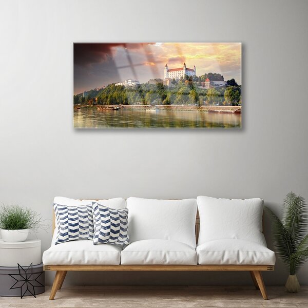 Quadro in vetro Paesaggio del lago della città 100x50 cm 2 appendini