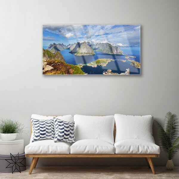 Quadro di vetro Montagne Mare Baia Paesaggio 100x50 cm 2 appendini