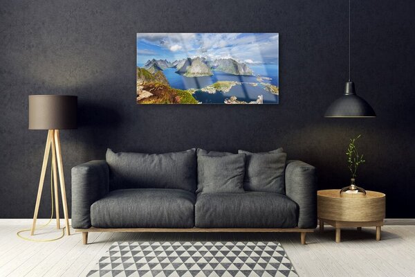 Quadro di vetro Montagne Mare Baia Paesaggio 100x50 cm 2 appendini