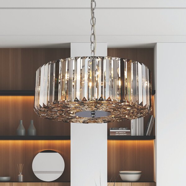 Lampadario Contemporaneo Chapeau Acciaio Cromo Vetro Ambra 5 Luci E27