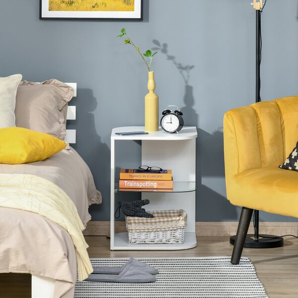 HOMCOM Comodino Moderno a 3 Livelli con Ripiano Regolabile, in Truciolato e Vetro Temperato, 40x40x56 cm, Bianco