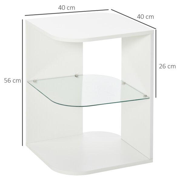 HOMCOM Comodino Moderno a 3 Livelli con Ripiano Regolabile, in Truciolato e Vetro Temperato, 40x40x56 cm, Bianco