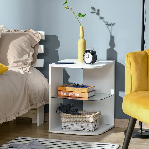 HOMCOM Comodino Moderno a 3 Livelli con Ripiano Regolabile, in Truciolato e Vetro Temperato, 40x40x56 cm, Bianco