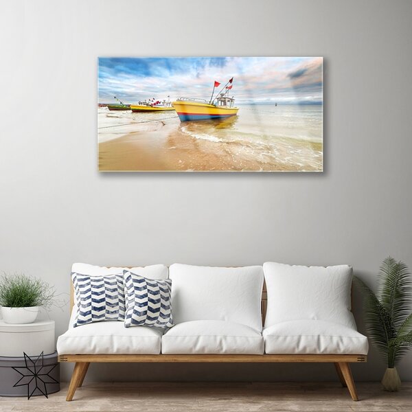 Quadro di vetro Barche Spiaggia Mare Paesaggio 100x50 cm 2 appendini