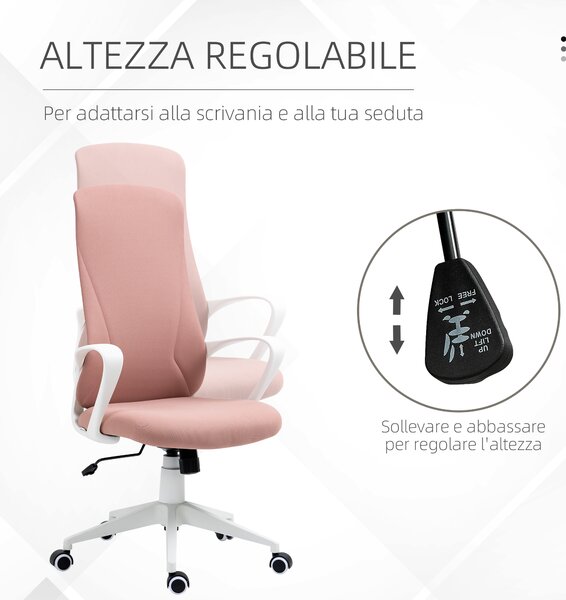 Vinsetto Sedia da Ufficio Ergonomica e Imbottita con Altezza Regolabile e Dondolo, 62x56x110-119.5 cm, Rosa | Aosom Italy