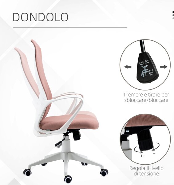Vinsetto Sedia da Ufficio Ergonomica e Imbottita con Altezza Regolabile e Dondolo, 62x56x110-119.5 cm, Rosa | Aosom Italy