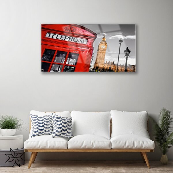 Quadro in vetro Casella telefonica di Londra 100x50 cm 2 appendini