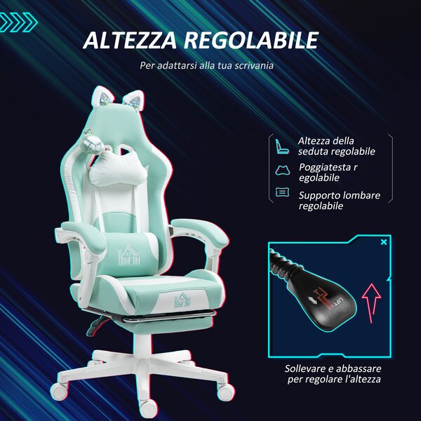 HOMCOM Sedia da Gaming Reclinabile con Poggiapiedi e Cuscini, in Finta Pelle e Spugna, 65x62x116-124 cm, Bianco e Azzurro | Aosom Italy
