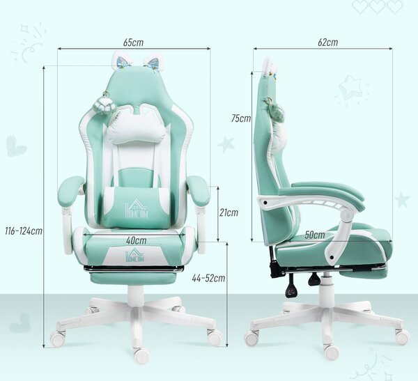 HOMCOM Sedia da Gaming Reclinabile con Poggiapiedi e Cuscini, in Finta Pelle e Spugna, 65x62x116-124 cm, Bianco e Azzurro | Aosom Italy