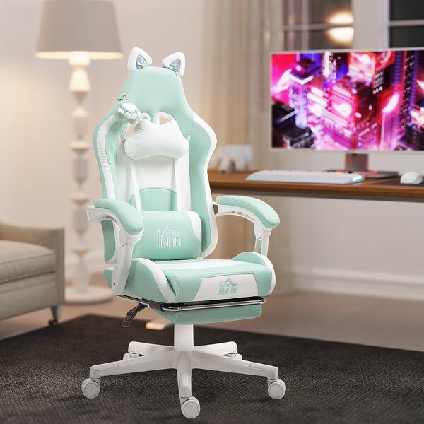 HOMCOM Sedia da Gaming Reclinabile con Poggiapiedi e Cuscini, in Finta Pelle e Spugna, 65x62x116-124 cm, Bianco e Azzurro | Aosom Italy