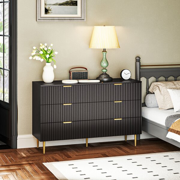 HOMCOM Comoda 6 cassetti comoda camera mobile da letto moderno con maniglie e piedi dorati, 120 x 40 x 76,5 cm, nero | Aosom Italy