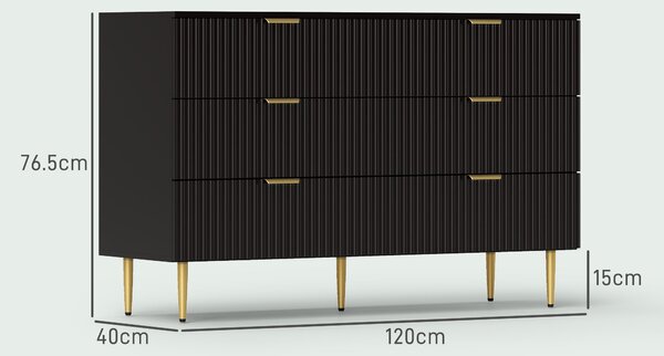 HOMCOM Comoda 6 cassetti comoda camera mobile da letto moderno con maniglie e piedi dorati, 120 x 40 x 76,5 cm, nero | Aosom Italy