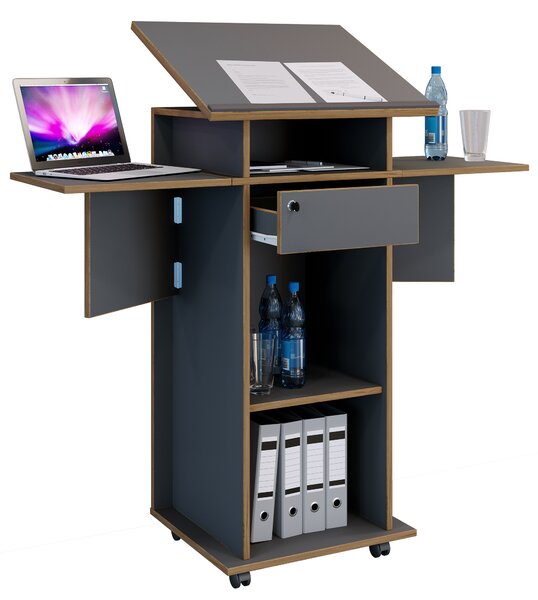 Legno Mobile Speaker's Desk | Dimensioni ca. H. 107 a 128 cm x L. da 60 a 123 cm x D. 44 cm | rullabile con cassetto | Scrivania in piedi | Tavolo in piedi - Salia