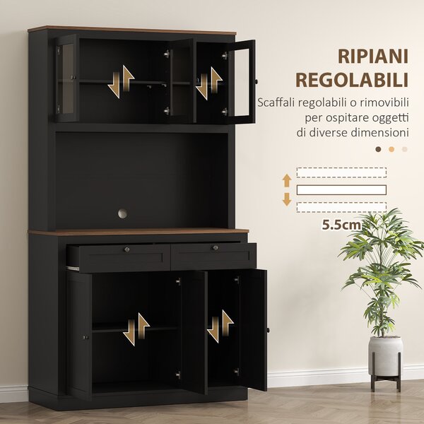 HOMCOM Credenza Cucina Alta con 4 Armadietti, 2 Cassetti e Piano Centrale, 100x40x180 cm, Nero | Aosom Italy