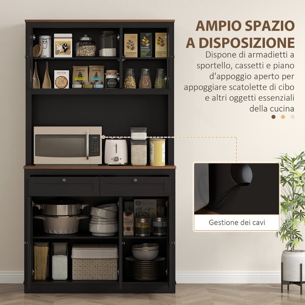 HOMCOM Credenza Cucina Alta con 4 Armadietti, 2 Cassetti e Piano Centrale, 100x40x180 cm, Nero | Aosom Italy