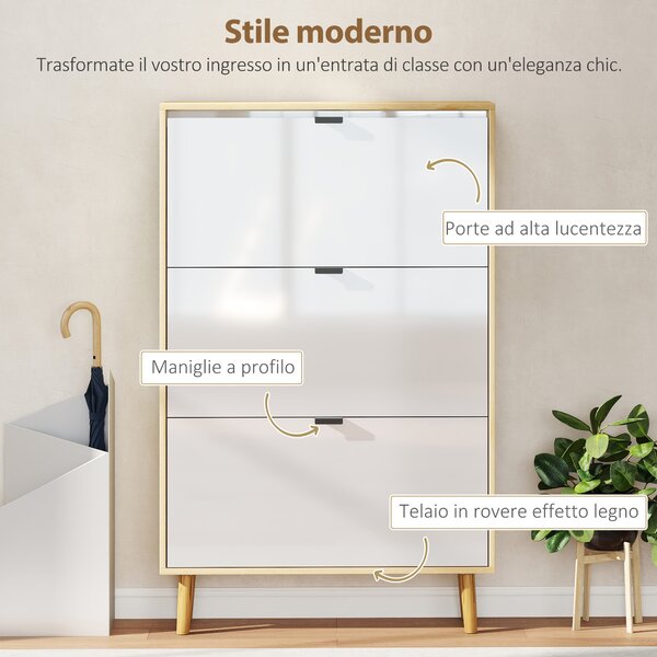 HOMCOM Scarpiera Slim Moderna con 3 Cassetti Ribaltabili per 24 Paia di Scarpe, 80x24x127 cm, Bianco | Aosom Italy