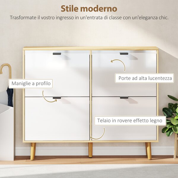 HOMCOM Scarpiera Slim Moderna con 4 Cassetti Ribaltabili per 20 Paia di Scarpe, 105x24x92.5 cm, Bianco | Aosom Italy
