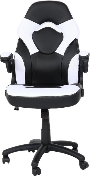 Sedia da ufficio HWC-K13, sedia girevole da gioco, ergonomica, bracciolo regolabile, Pelle finta ~ bianco-nero
