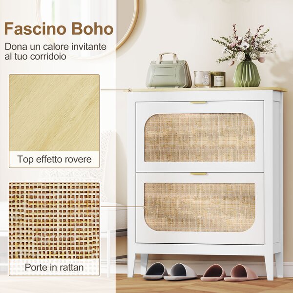 HOMCOM Scarpiera Slim Stile Boho con 2 Cassetti Ribaltabili per 14 Paia di Scarpe, 80x24x95.5 cm, Bianco | Aosom Italy