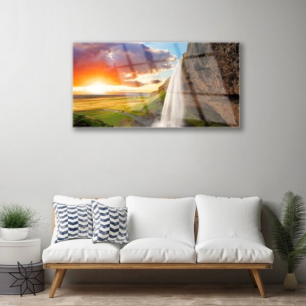 Quadro in vetro Paesaggio solare a cascata 100x50 cm 2 appendini