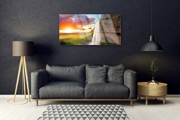 Quadro in vetro Paesaggio solare a cascata 100x50 cm 2 appendini