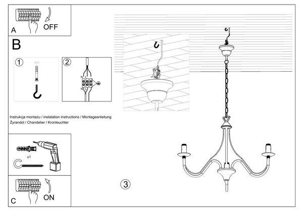 Lampadario a sospensione 3xE14 MINERWA 3 in acciaio