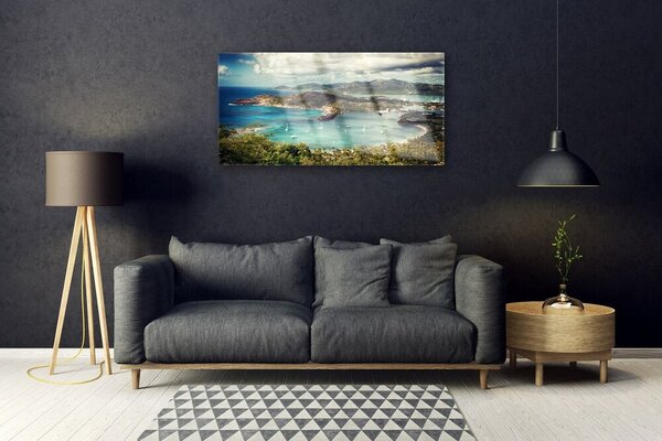 Quadro di vetro Baia di barche Paesaggio 100x50 cm 2 appendini