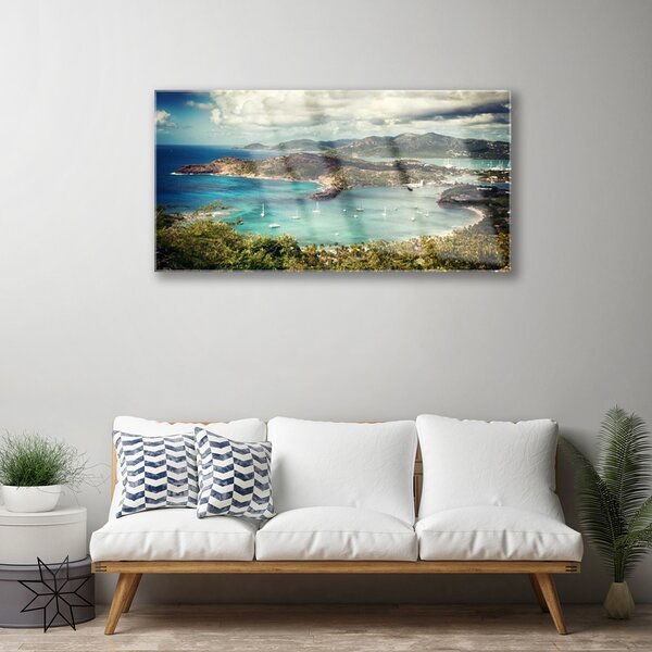 Quadro di vetro Baia di barche Paesaggio 100x50 cm 2 appendini