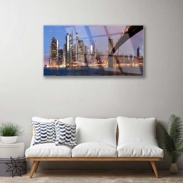 Quadro di vetro Città Ponte Case Cielo 100x50 cm 2 appendini