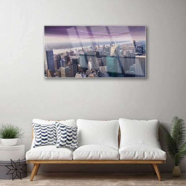 Quadro su vetro Città Grattacieli Case 100x50 cm 2 appendini