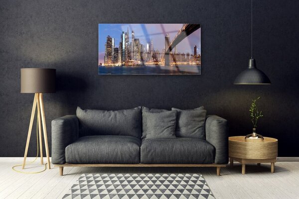 Quadro di vetro Città Ponte Case Cielo 100x50 cm 2 appendini