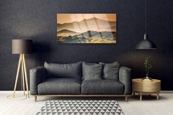 Quadro su vetro Montagne Campo Paesaggio 100x50 cm 2 appendini