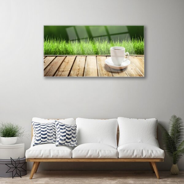 Quadro di vetro Erba Natura Tazza Legno 100x50 cm 2 appendini