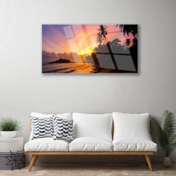 Quadro vetro Paesaggio Palme del Sole Marino 100x50 cm 2 appendini