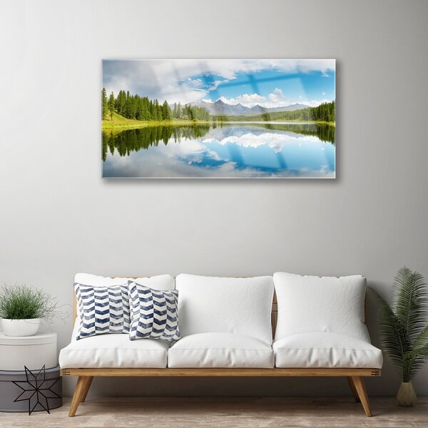 Quadro vetro Foresta Lago Montagne Paesaggio 100x50 cm 2 appendini