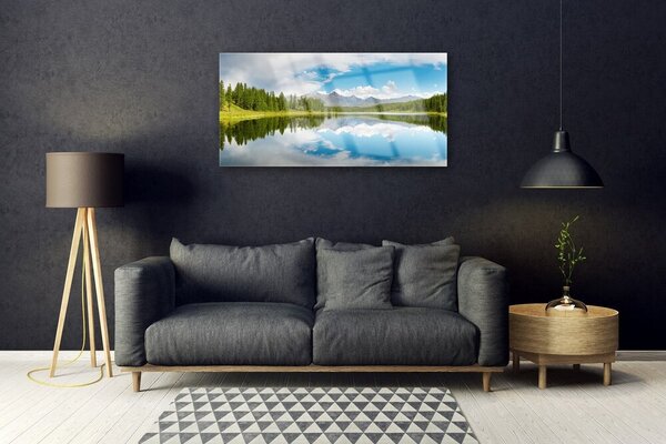 Quadro vetro Foresta Lago Montagne Paesaggio 100x50 cm 2 appendini
