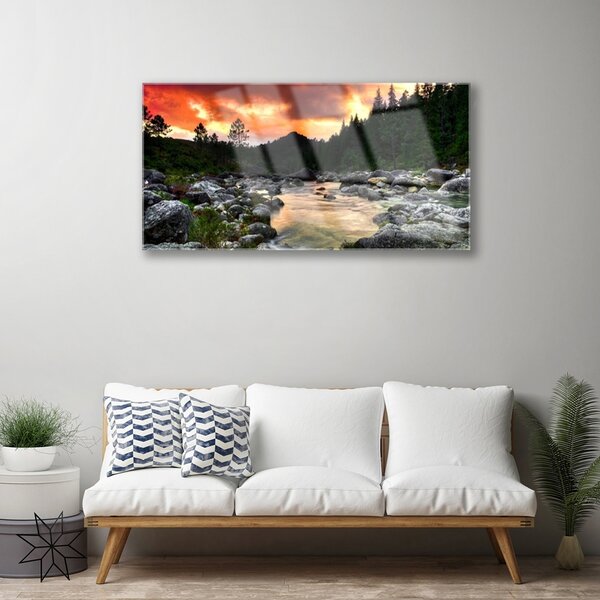 Quadro di vetro Lago River Forest Natura 100x50 cm 2 appendini