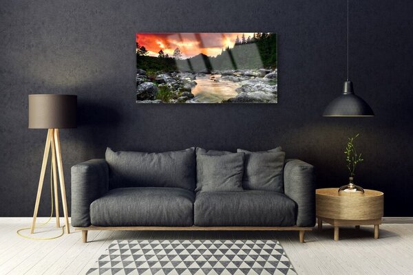 Quadro di vetro Lago River Forest Natura 100x50 cm 2 appendini