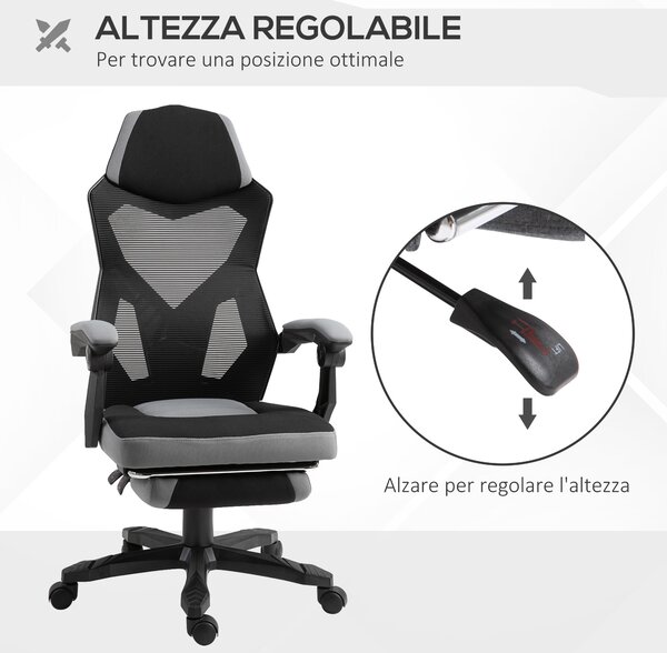 Vinsetto Sedia da Gaming con Schienale e Altezza regolabile, Ruote girevoli e Poggiapiedi, 58x72x108-118 cm, Grigia e Nera
