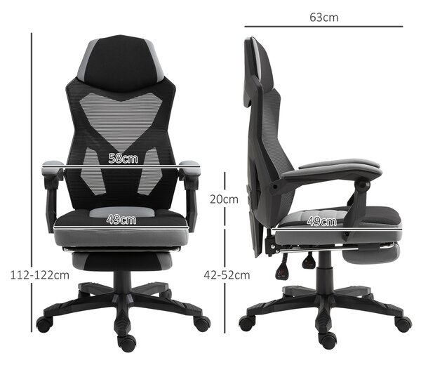 Vinsetto Sedia da Gaming con Schienale e Altezza regolabile, Ruote girevoli e Poggiapiedi, 58x72x108-118 cm, Grigia e Nera