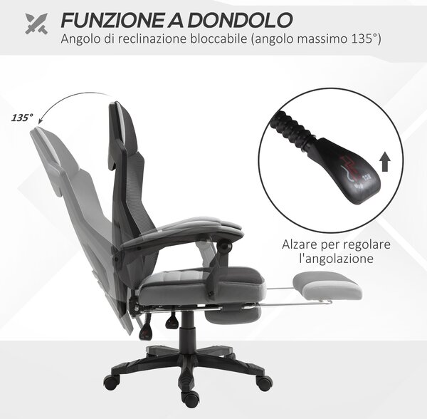 Vinsetto Sedia da Gaming con Schienale e Altezza regolabile, Ruote girevoli e Poggiapiedi, 58x72x108-118 cm, Grigia e Nera