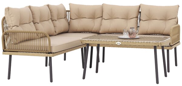 Outsunny Salotto da Giardino in Rattan 2 Divanetti e Poltrona Angolare con Cuscini, Tavolino in Vetro, Colore Legno